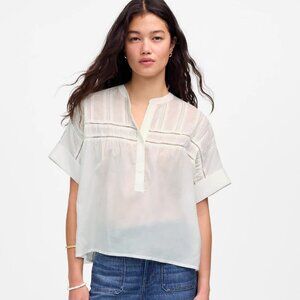 Madewell Lace-Inset Pintucked Henley Top in White, Size Medium